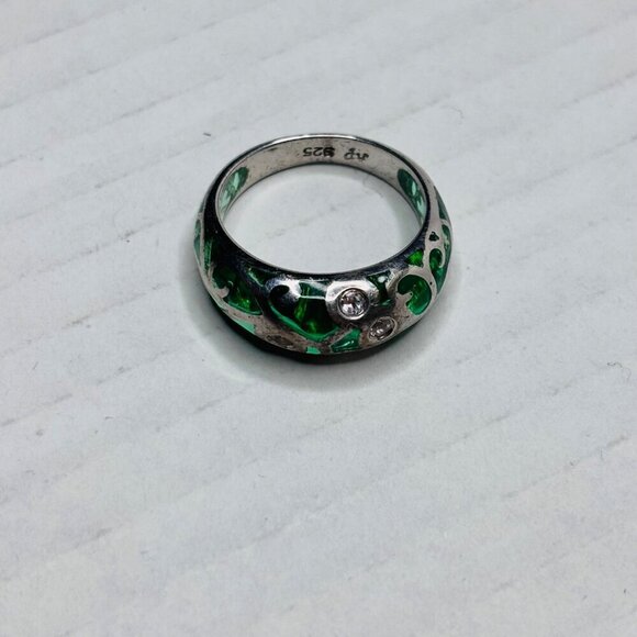 Vintage Sterling Silver Green Glass and Diamonique Stone Ring Size 8 - Picture 3 of 6